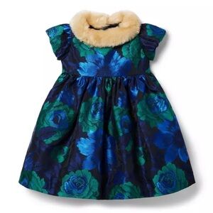 Janie & Jack FLORAL JACQUARD FAUX FUR COLLAR DRESS NWT size 7